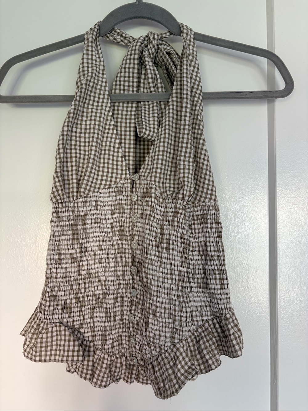 Zara Halter Gingham Button-Front Top in Sage and White